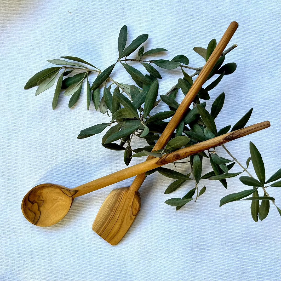 Olive Wood Spatula and Spoon Set on Skinny Handle | Hand Carved from Bethlehem