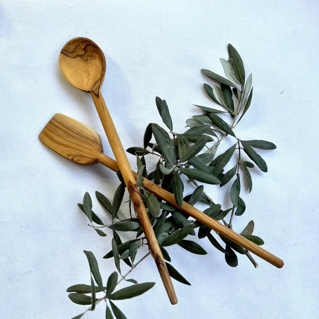 Olive Wood Spatula and Spoon Set on Skinny Handle | Hand Carved from Bethlehem