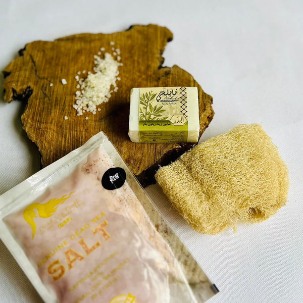 All Natural Bath Gift Box | Palestinian Olive Oil Soap, Natural Leefa and Dead Sea Bath Salts