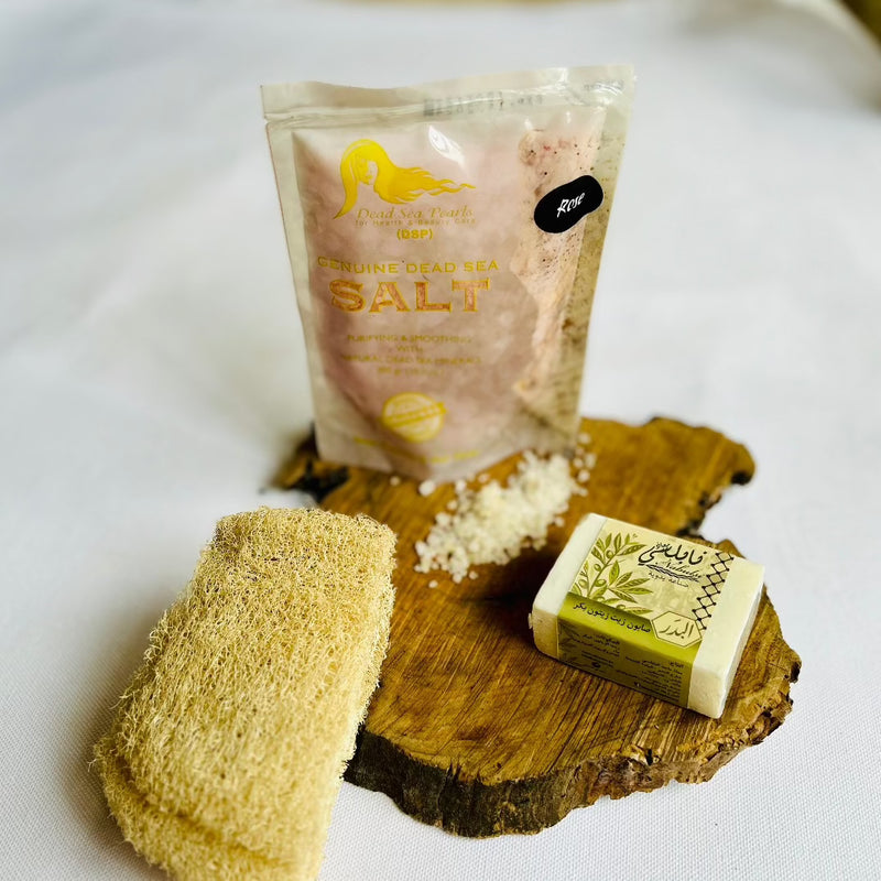 Natural Bath Gift Box | Palestinian Olive Oil Soap, Natural Leefa and Dead Sea Bath Salts