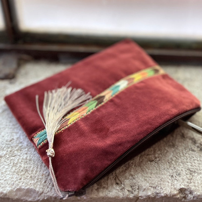 Hand Crafted Palestinian Embroidered Pouch | Tatreez Bag in Velvet with Traditional Sabayel