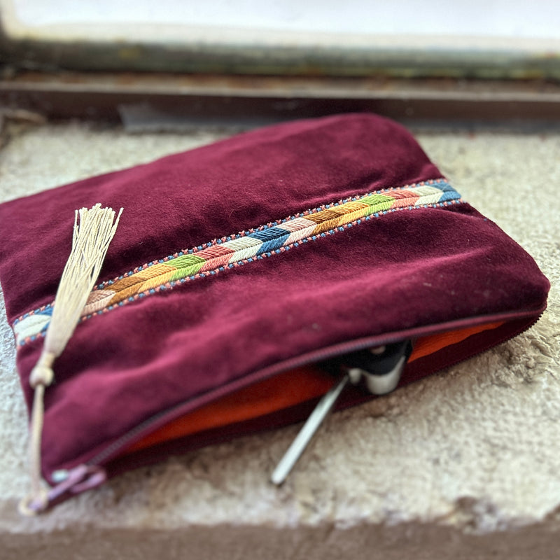 Hand Crafted Palestinian Embroidered Pouch | Tatreez Bag in Velvet with Traditional Sabayel