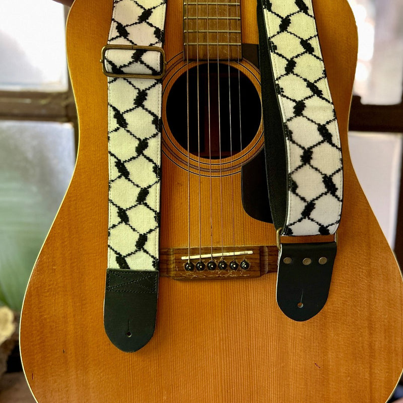 Leather with Keffiyeh Fabric Guitar Strap | Traditionally Handcrafted from Palestinian Women