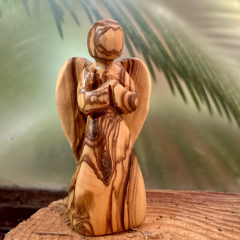 Olive Wood Angel with Prayer Hands and Wings Statue | Hand Carved from Bethlehem