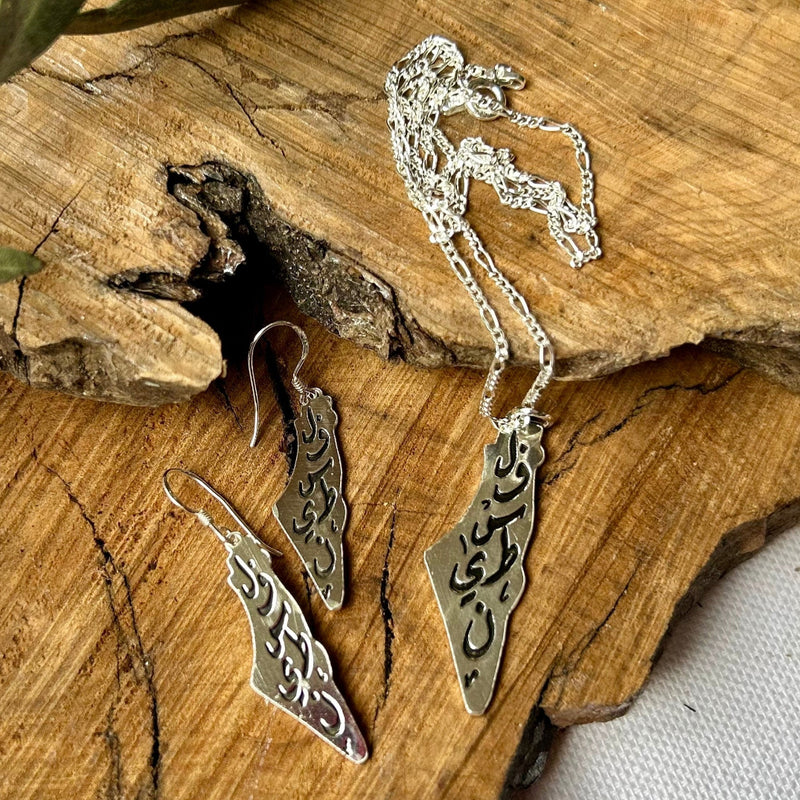 Map of Palestine Necklace and Earring Gift Set with Falasteen in Arabic | Sterling Silver