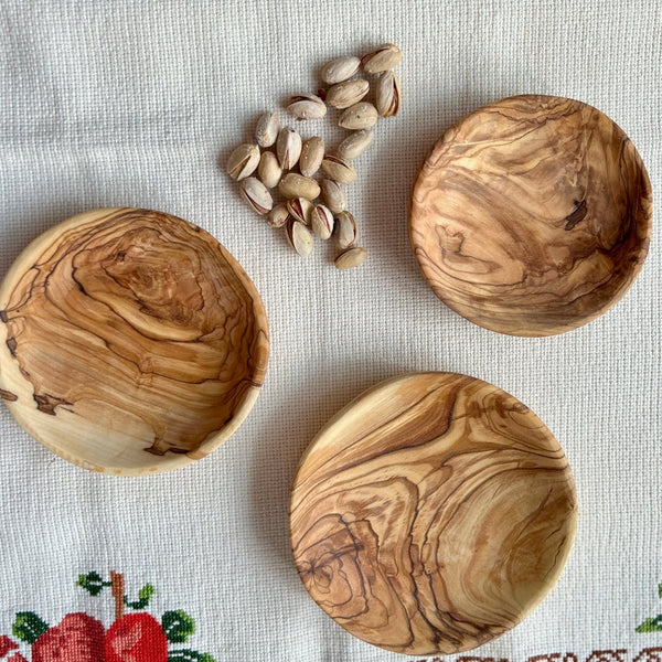 Wooden Round Mezze Dishes -3 Piece Olive Wood Bowl Set from Palestine Fairtrade Gifts from Palestine | Handmade Palestine 