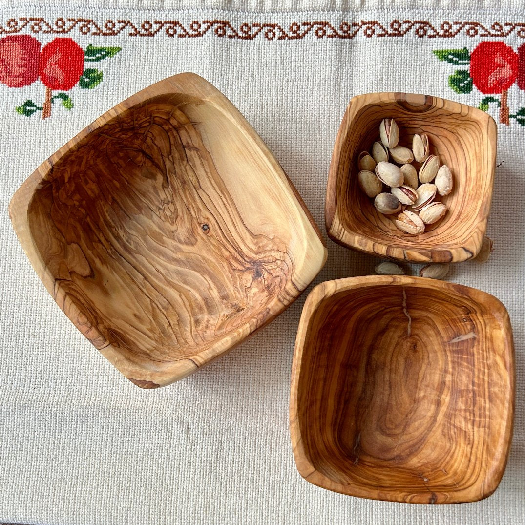 Olive Wood Square Bowls Set of 3 from Palestine | Hand Carved Dishes