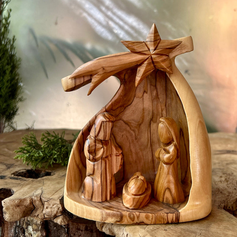 Olive Wood Nativity Nativity Hand Carved in Bethlehem | Star on Manger