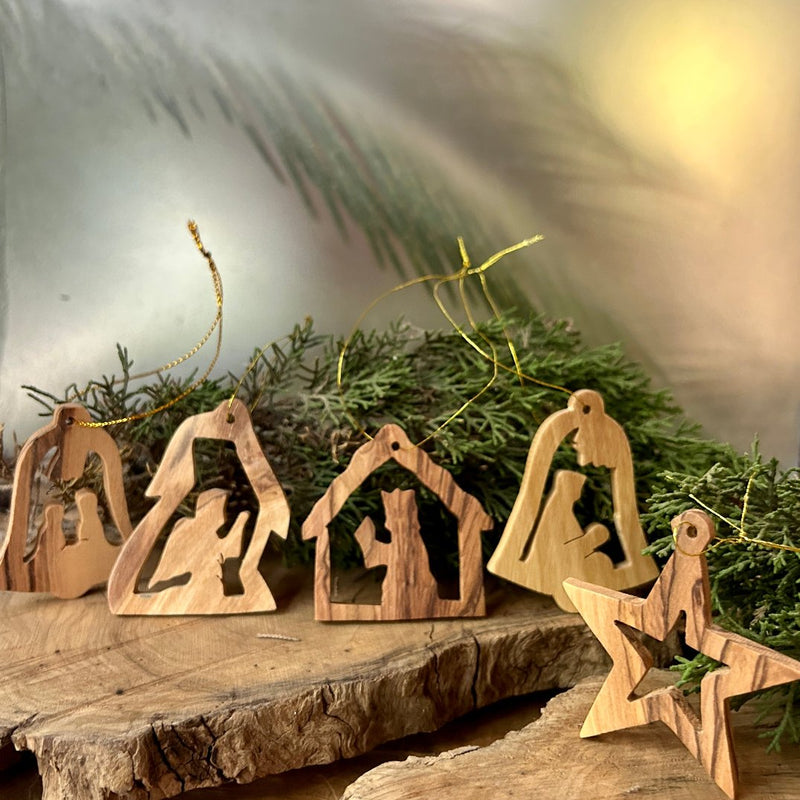 Olive Wood Christmas Ornaments - Pack of 5 | Hand Carved from Bethlehem