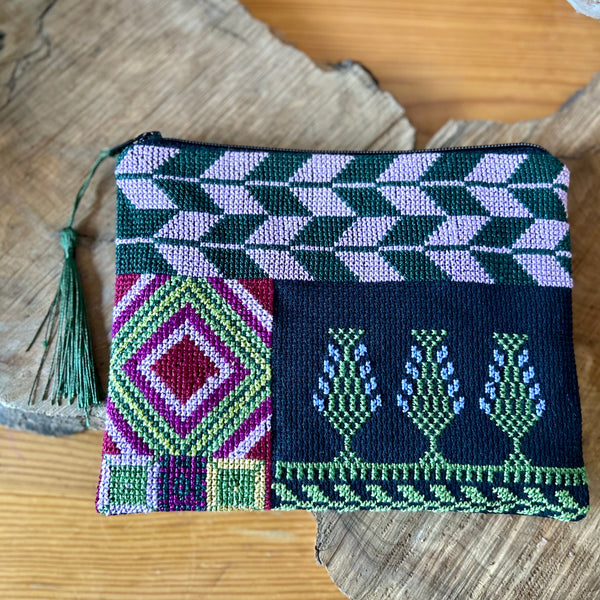 Hand Crafted Palestinian Embroidered Pouch | Tatreez Bag in Pink Diamond