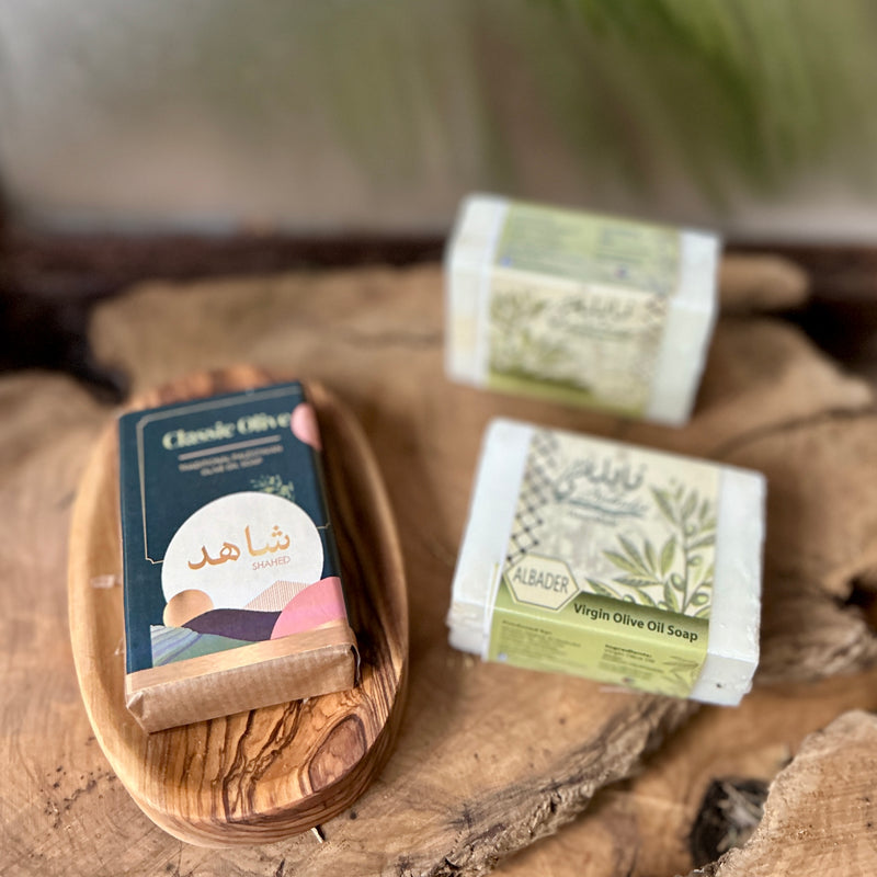 All Natural Olive Oil Soap Bundle with Olive Wood Soap Dish | Gift Set from Palestine