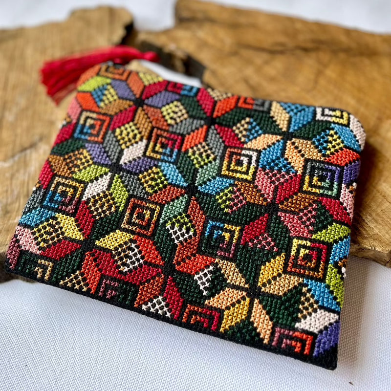 Traditional Palestinian Embroidered Pouch | Tatreez Bag in Diamonds and Squares
