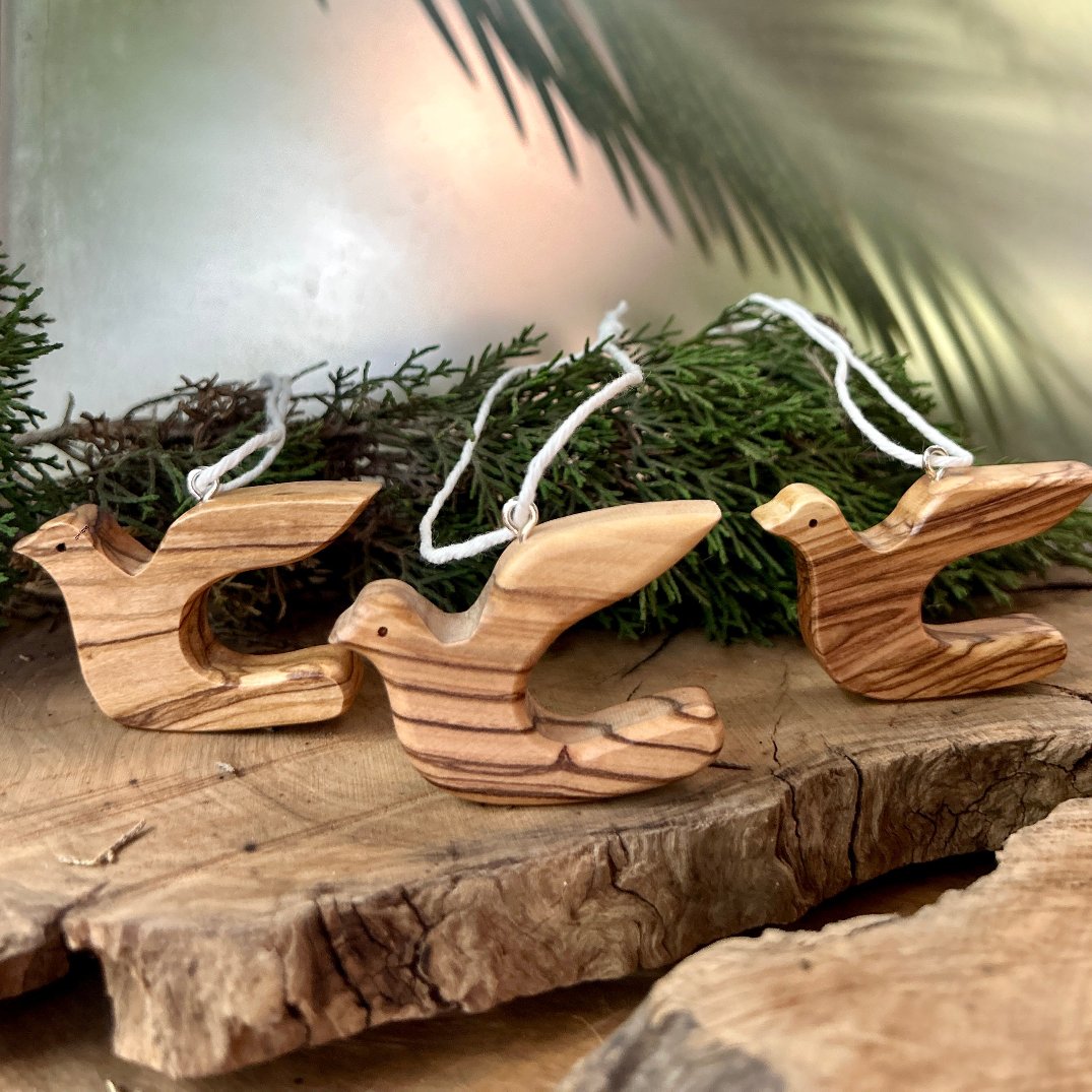 Olive Wood Dove Ornaments | Set of 3 | Handcrafted from Palestine