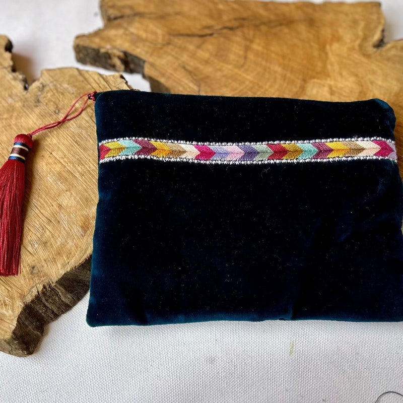 Hand Crafted Palestinian Embroidered Pouch | Tatreez Bag in Velvet with Traditional Sabayel