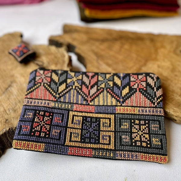 Handmade Palestinian Embroidered Pouch | Tatreez Bag in Desert Sunrise