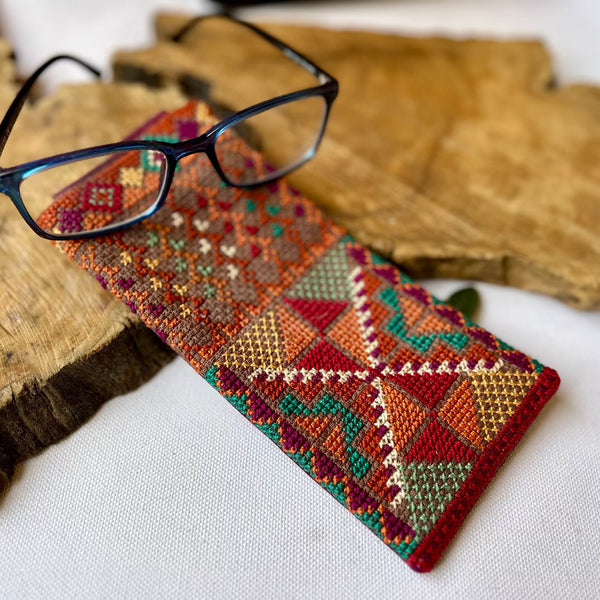 Made in Palestine Tatreez Eyeglass Pouch | Traditionally Handcrafted by Women | Sunset on Beige