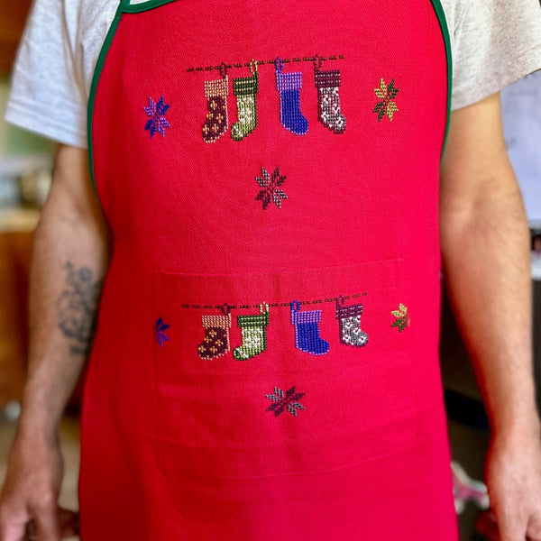 Christmas Apron with Palestinian Cross Stitch | Tatreez from Palestine Fairtrade Gifts from Palestine | Handmade Palestine 