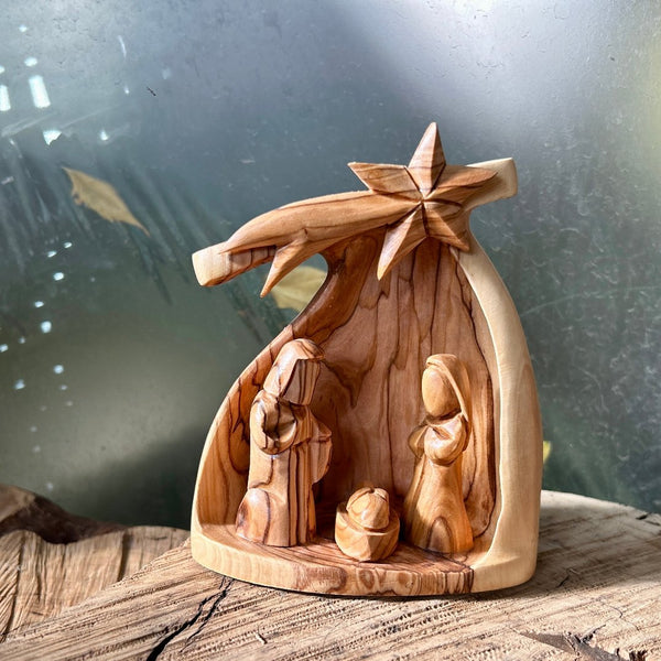 Olive Wood Nativity Nativity Hand Carved in Bethlehem | Star on Manger