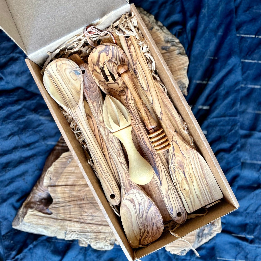 Curated Olive Wood Kitchen Set | Gift Box for the Foodie | Hand Carved from Bethlehem