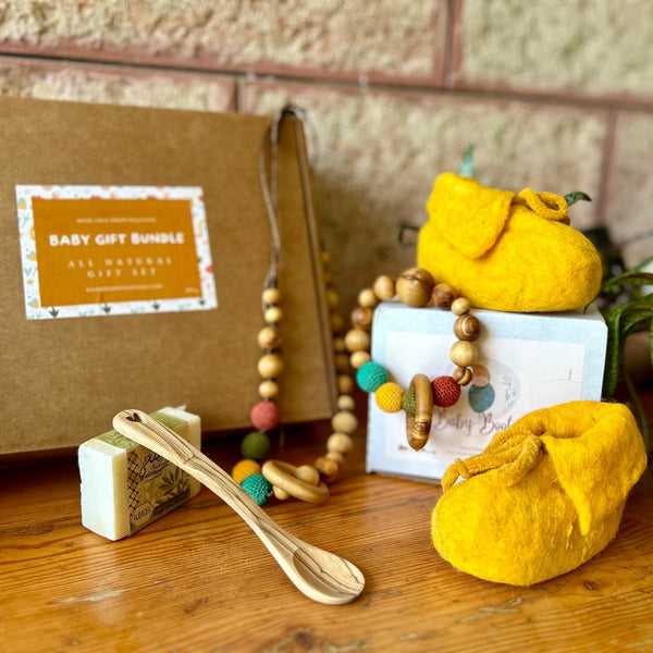 All Natural Baby Shower Gift Bundle | Hand Crafted Teething Ring & Baby Booties