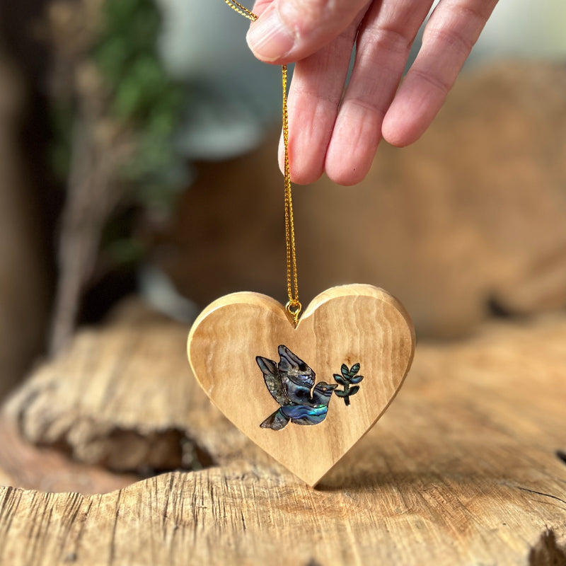 Christmas Olive Wood with Mother of Pearl Peace Dove - Heart Ornament