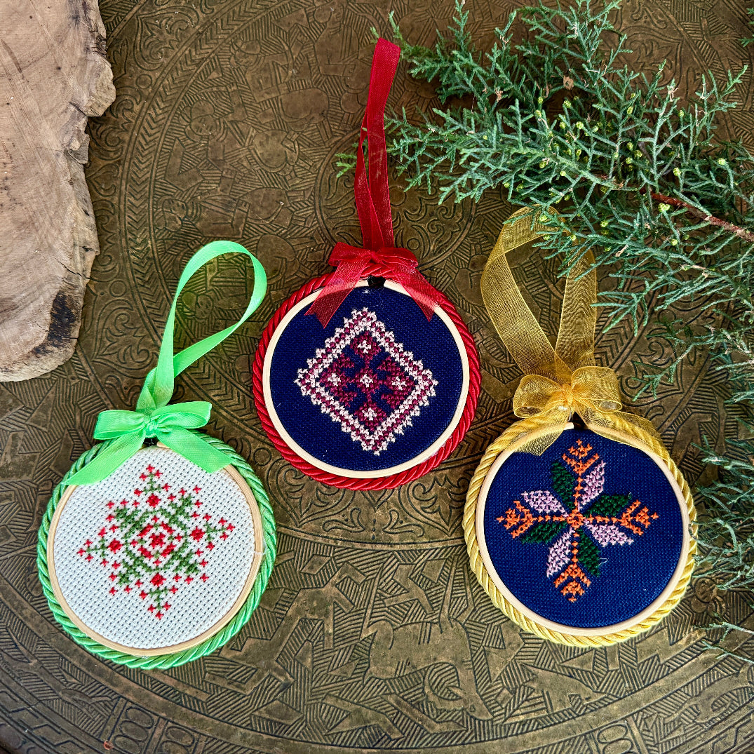 Surprise Palestinian Tatreez Ornaments | Hand Stitched Set of 3 or Single Christmas Ornament