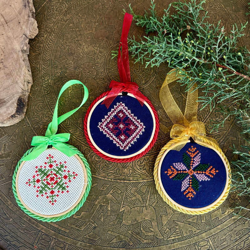Surprise Palestinian Tatreez Ornaments | Hand Stitched Set of 3 or Single Christmas Ornament
