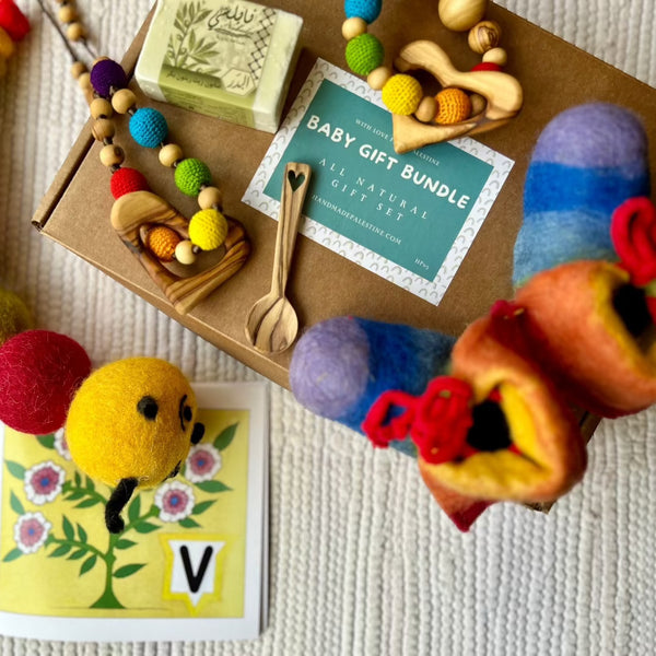 All Natural Baby Shower Gift Bundle | Hand Crafted Teething Ring & Baby Booties & Arabic Book