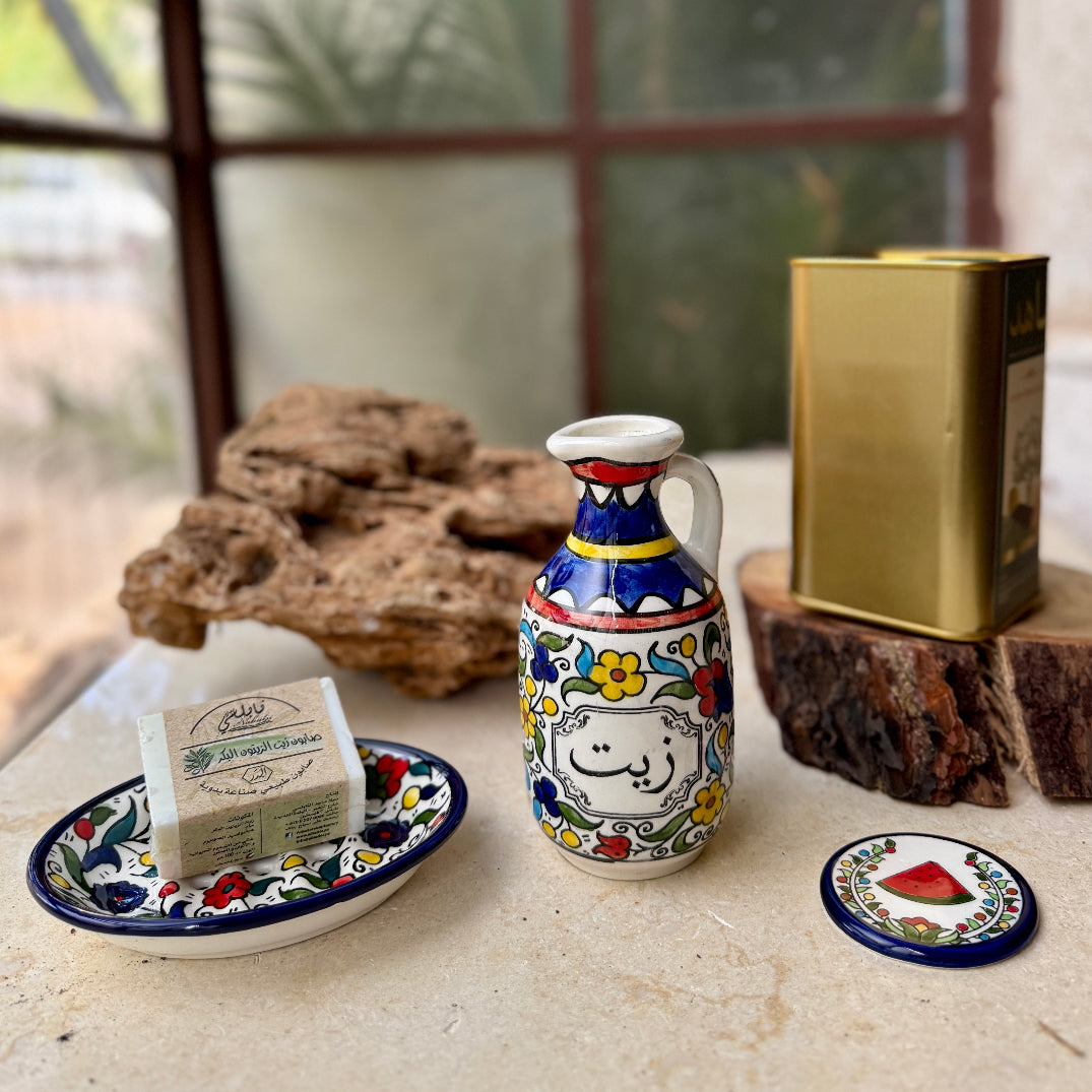Limited Edition Gift Set: Handmade Ceramic Olive Oil Bottle with Palestinian Cold Pressed, All Natural Olive Oil