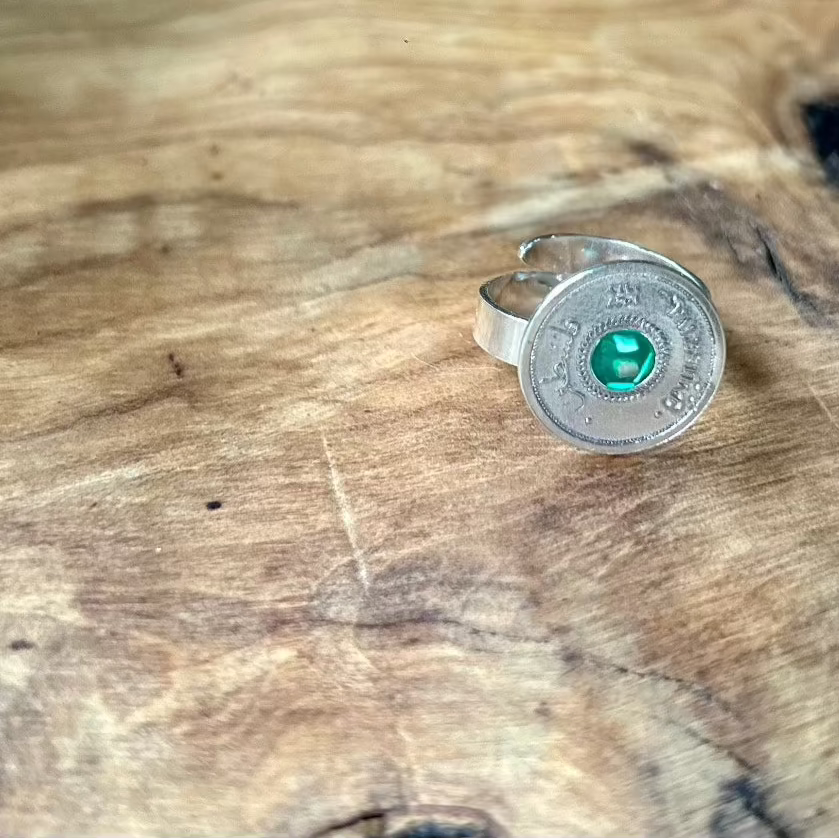 Ring with Palestinian Coin Adjustable | Sterling Silver | Set With Stones from Palestinian Cities