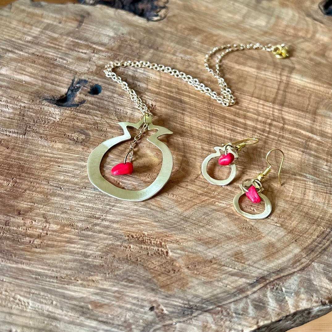 Brass Pomegranate Necklace with Earrings Set | Handmade Jewelry from Palestine