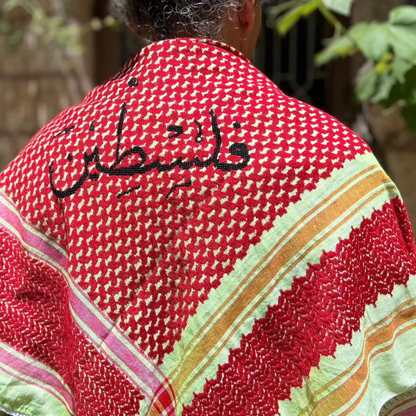 Palestinian Made Keffiyeh from Hebron, Palestine with Hand Embroidered Tatreez from Women in Jerusalem