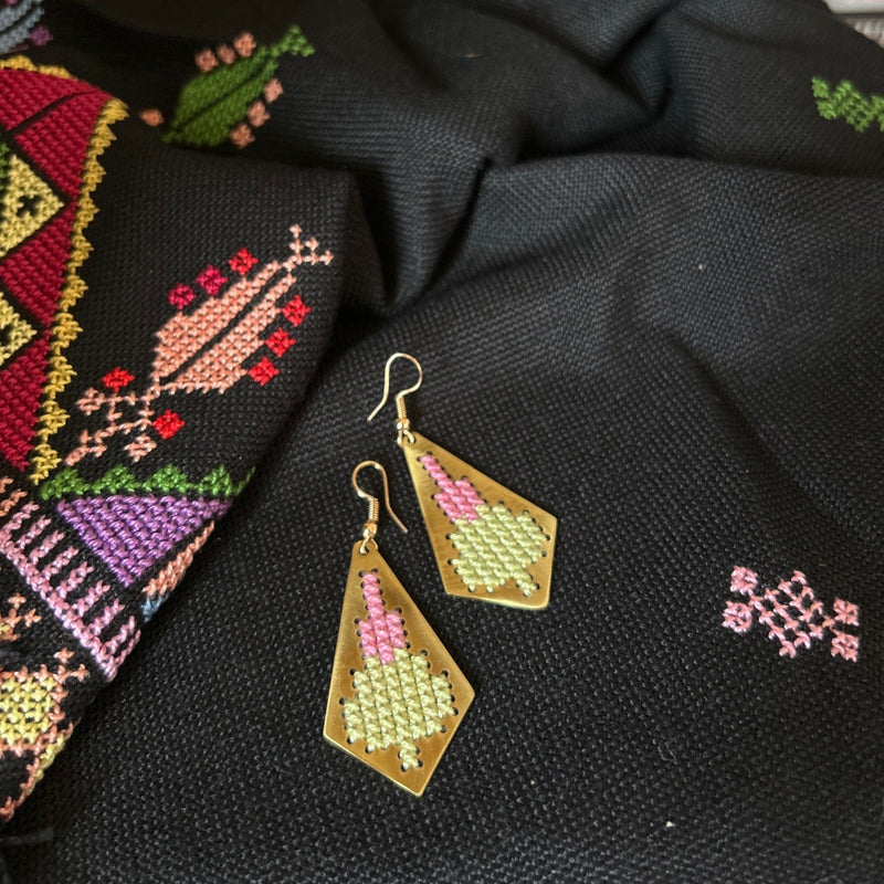 Palestinian Tatreez Heluwa Earrings - Dual Color Embroidery on Brass