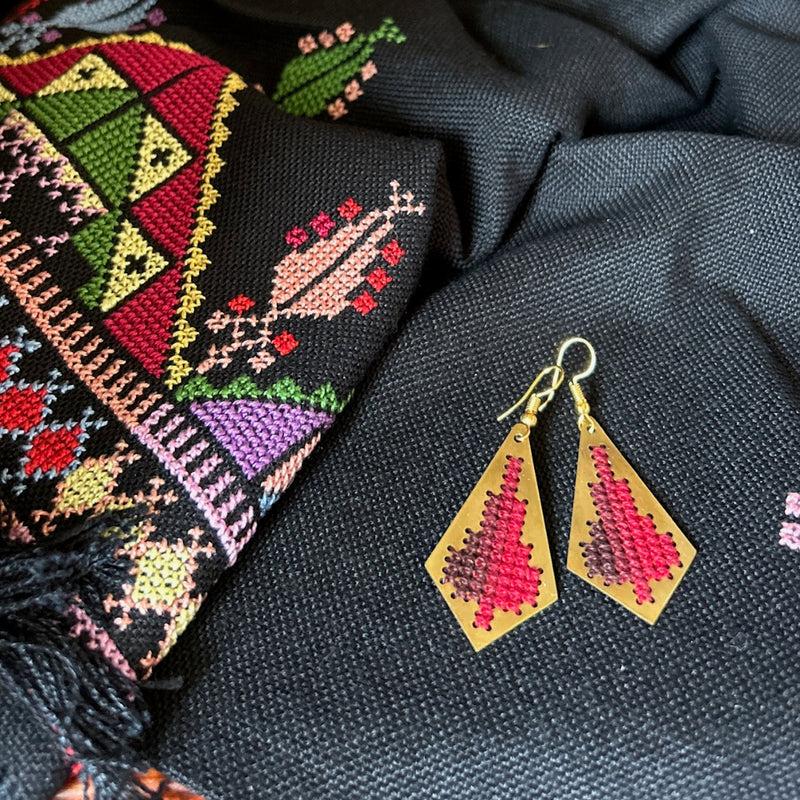 Jamilla Palestinian Tatreez on Brass Earrings | From Palestinian Women Artisans