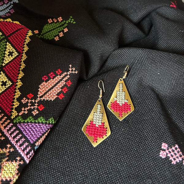 Palestinian Tatreez Heluwa Earrings - Dual Color Embroidery on Brass Fairtrade Gifts from Palestine | Handmade Palestine 