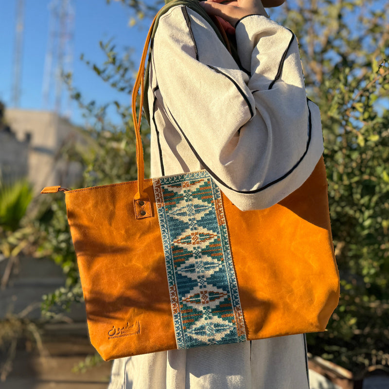 Leather Tote with Palestinian Tatreez Hand Made in Palestine