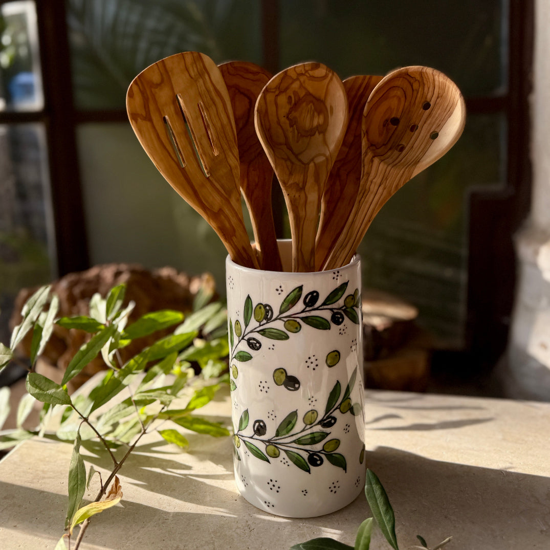 Hand Crafted Ceramic Utensil Crock Painted and Made in Hebron