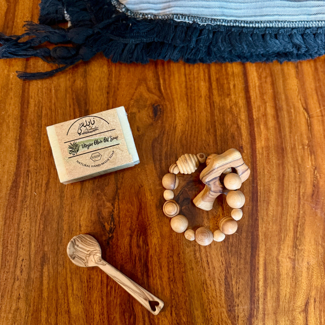 Surprise Palestinian Olive Wood Teething Accessories in New Baby Gift Set