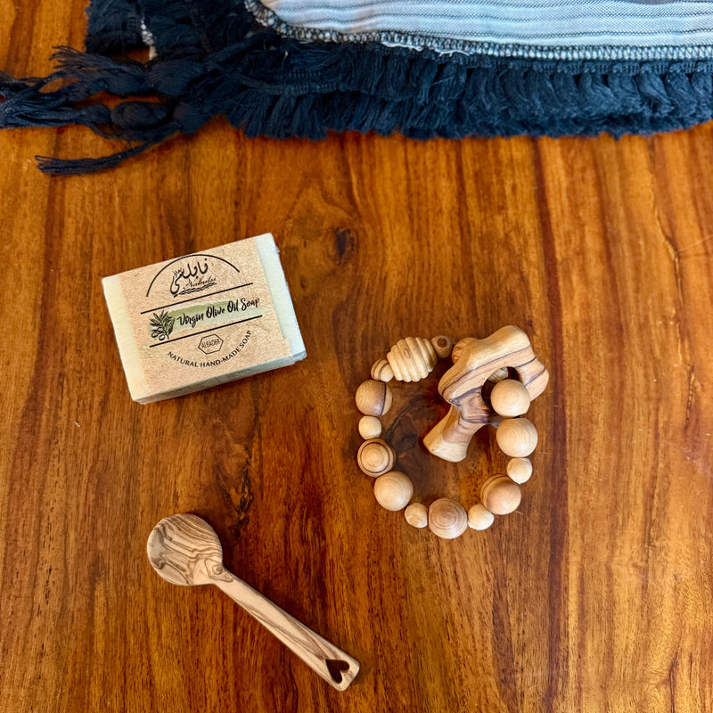 Surprise Palestinian Olive Wood Teething Accessories in New Baby Gift Set