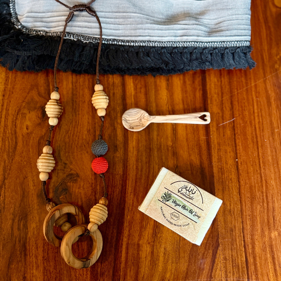 Surprise Palestinian Olive Wood Teething Accessories in New Baby Gift Set