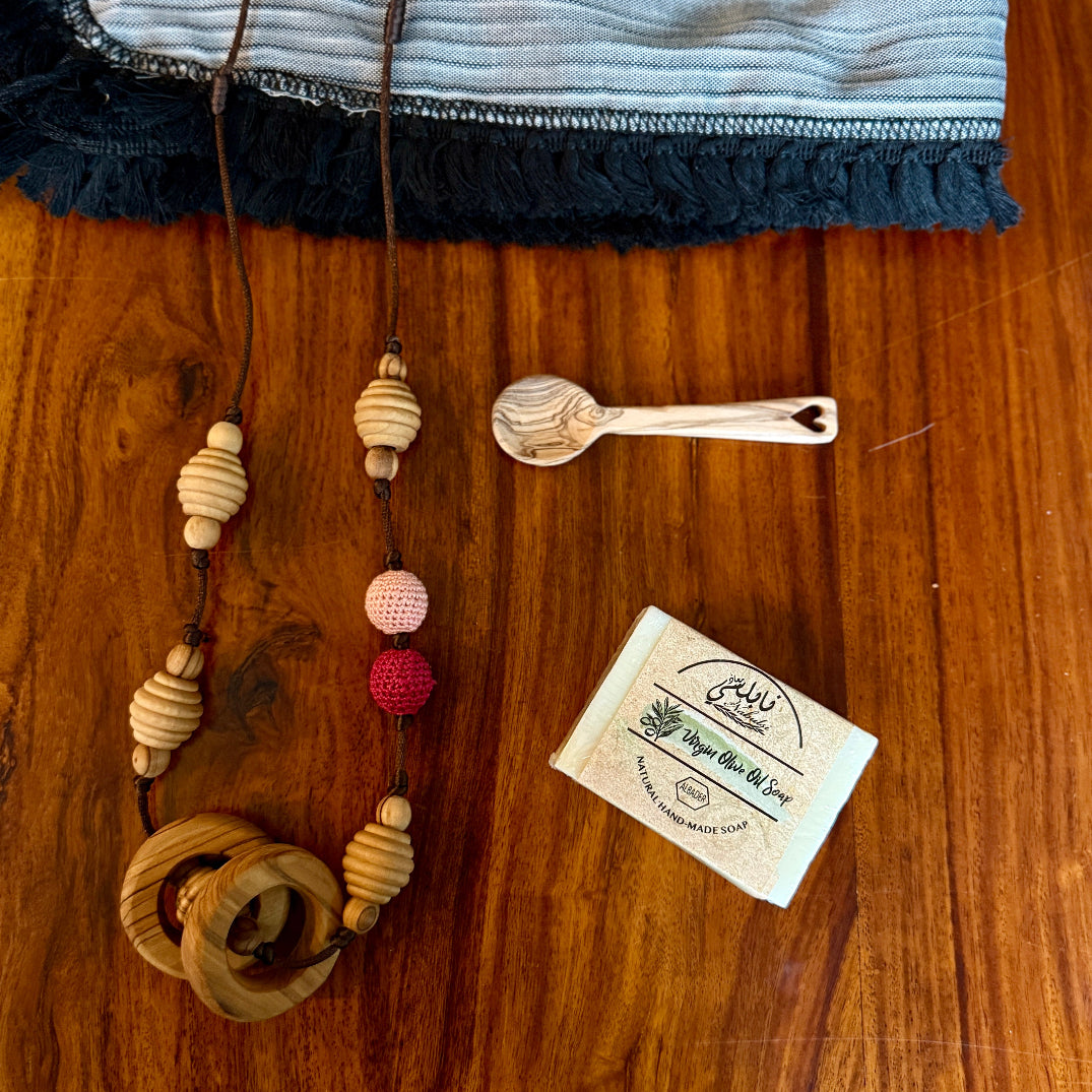 Surprise Palestinian Olive Wood Teething Accessories in New Baby Gift Set