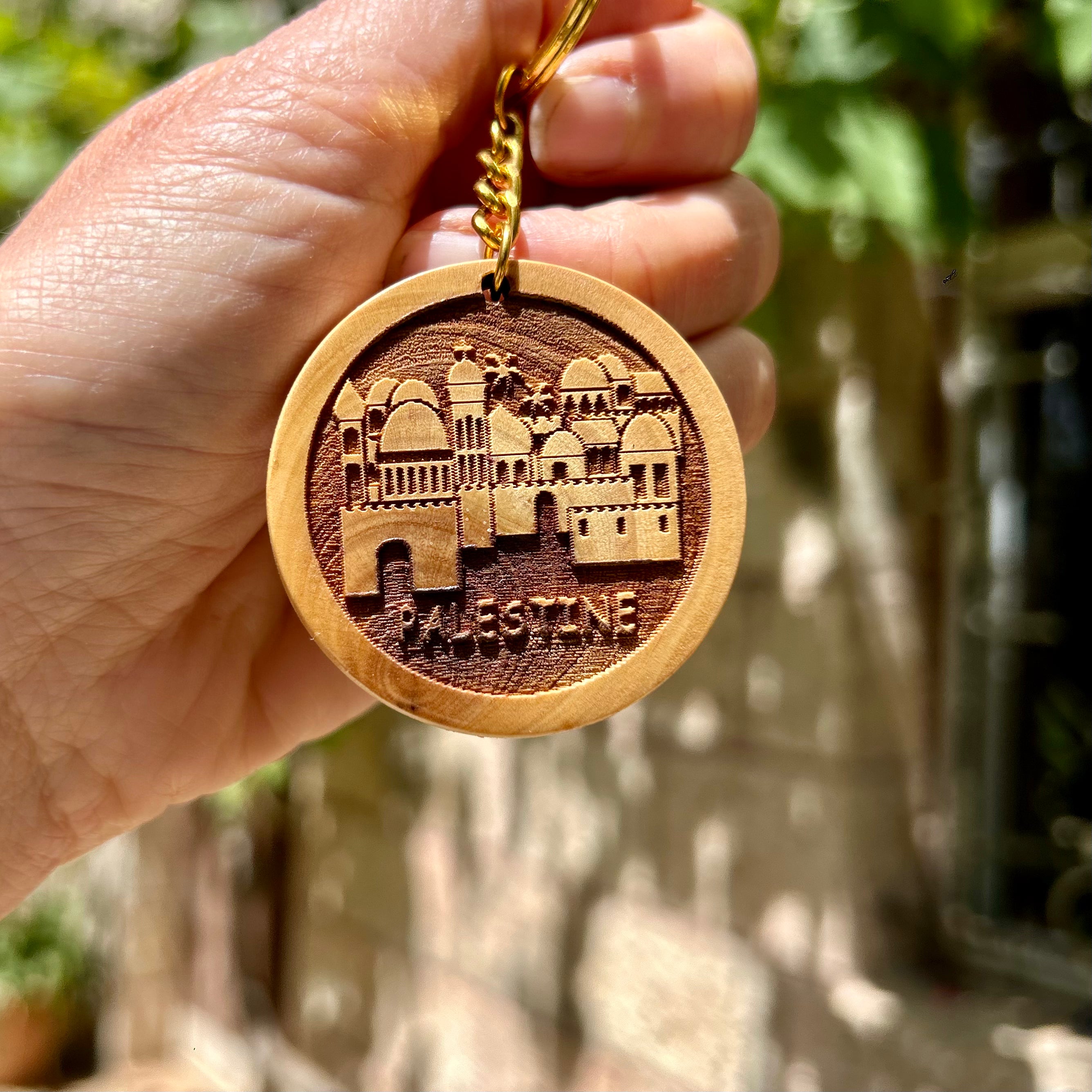 Landscape of Jerusalem's Old City Keychain in Olive Wood | Hand Carved from Bethlehem