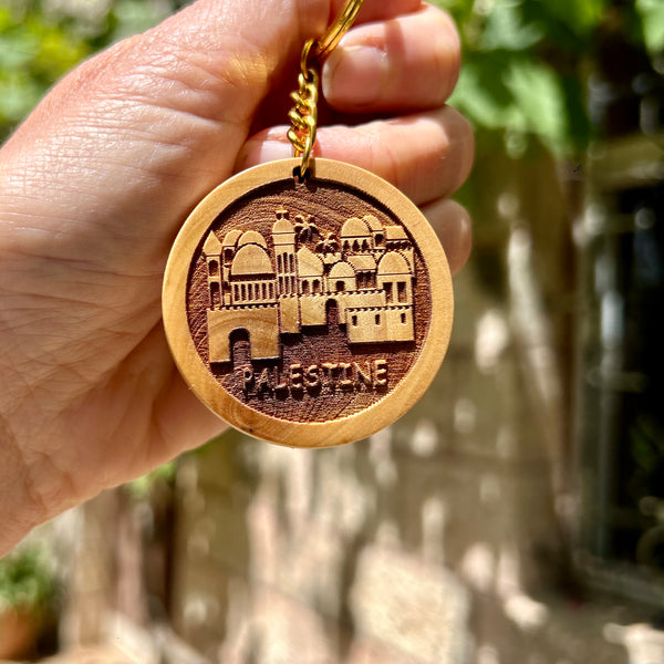 Celebrate Palestine Olive Wood Keychain with Landscape of Old City