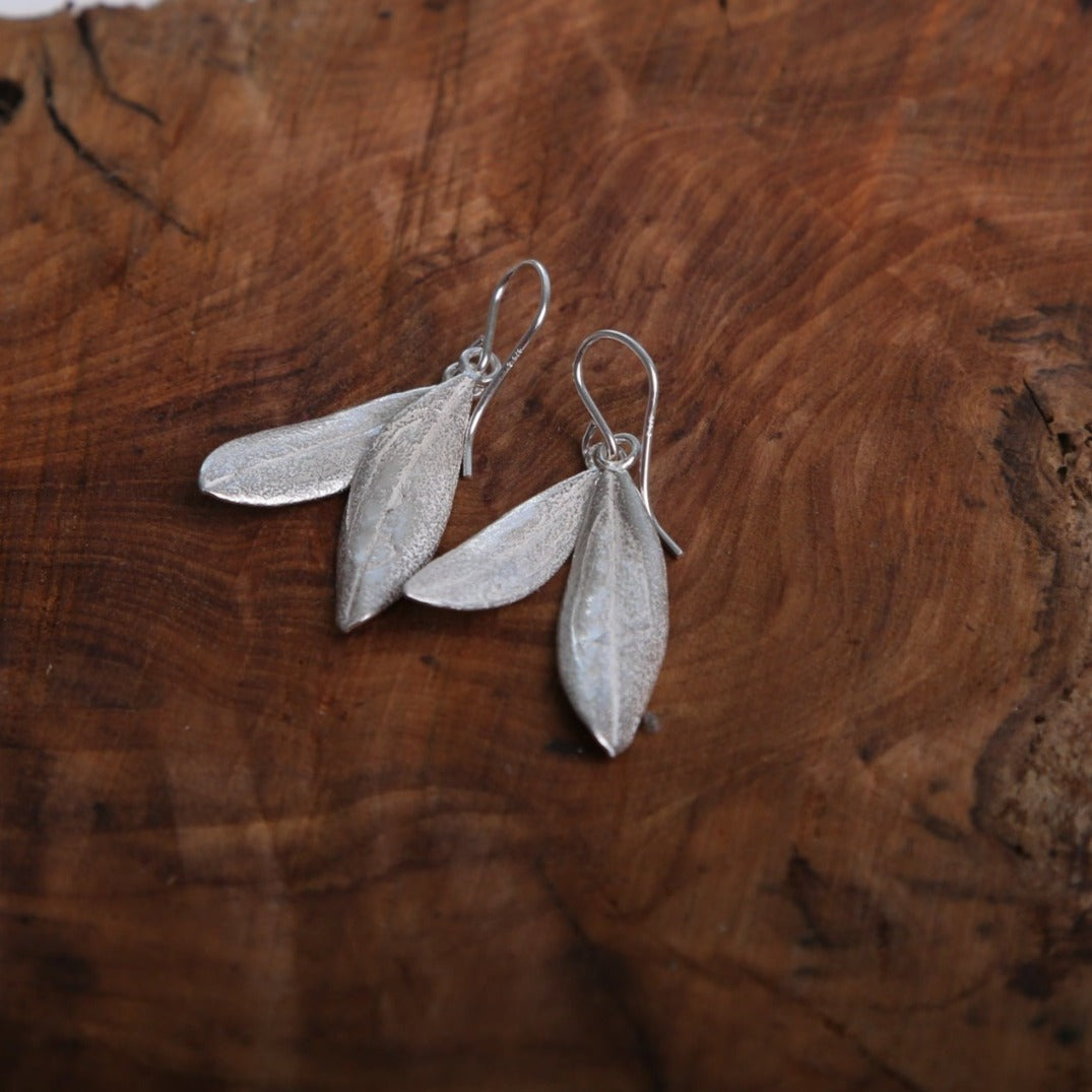 Sterling Silver Double Leaves Dangling Earrings