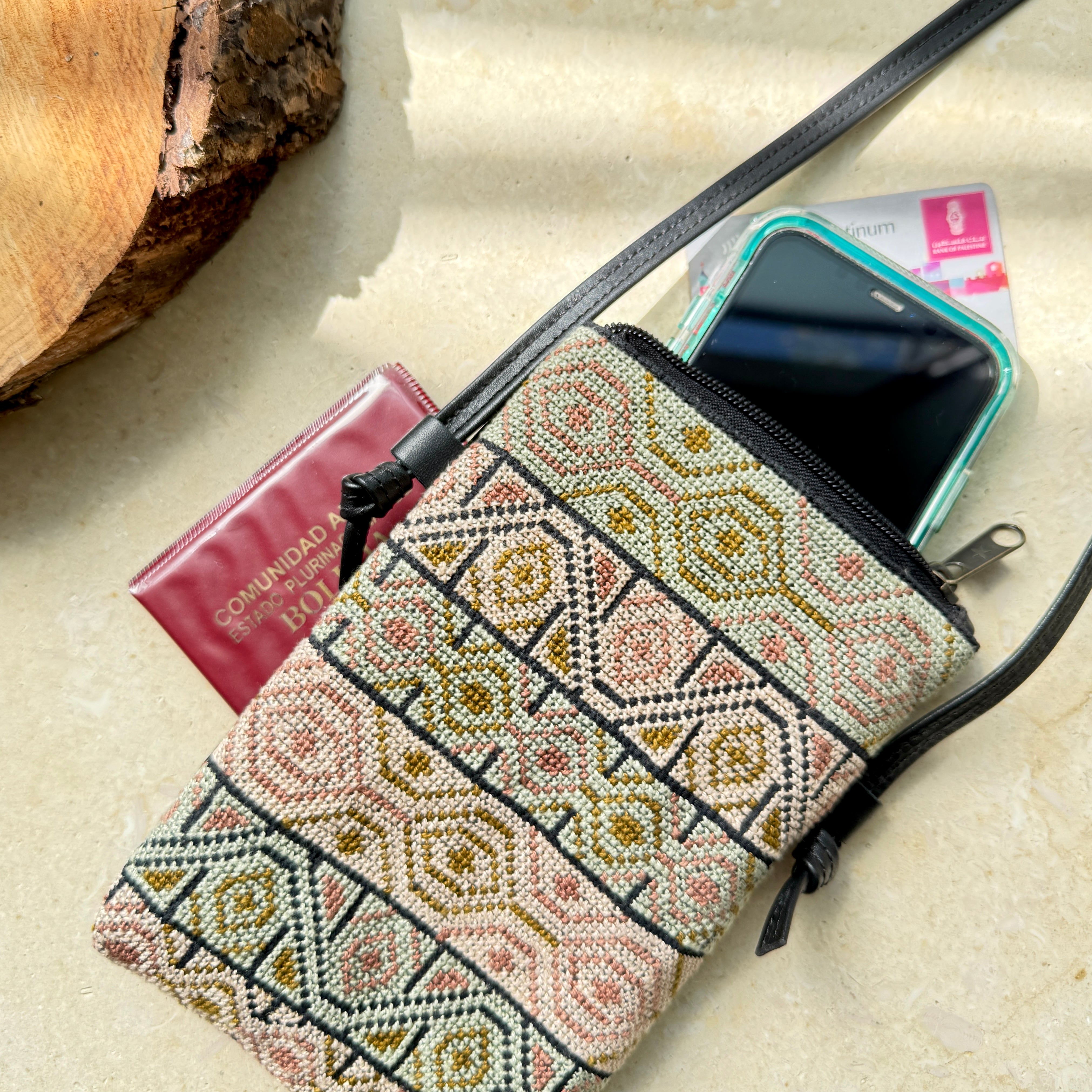 Travel Crossbody Pouch with Traditional Palestinian Tatreez and Leather | Passport Pouch