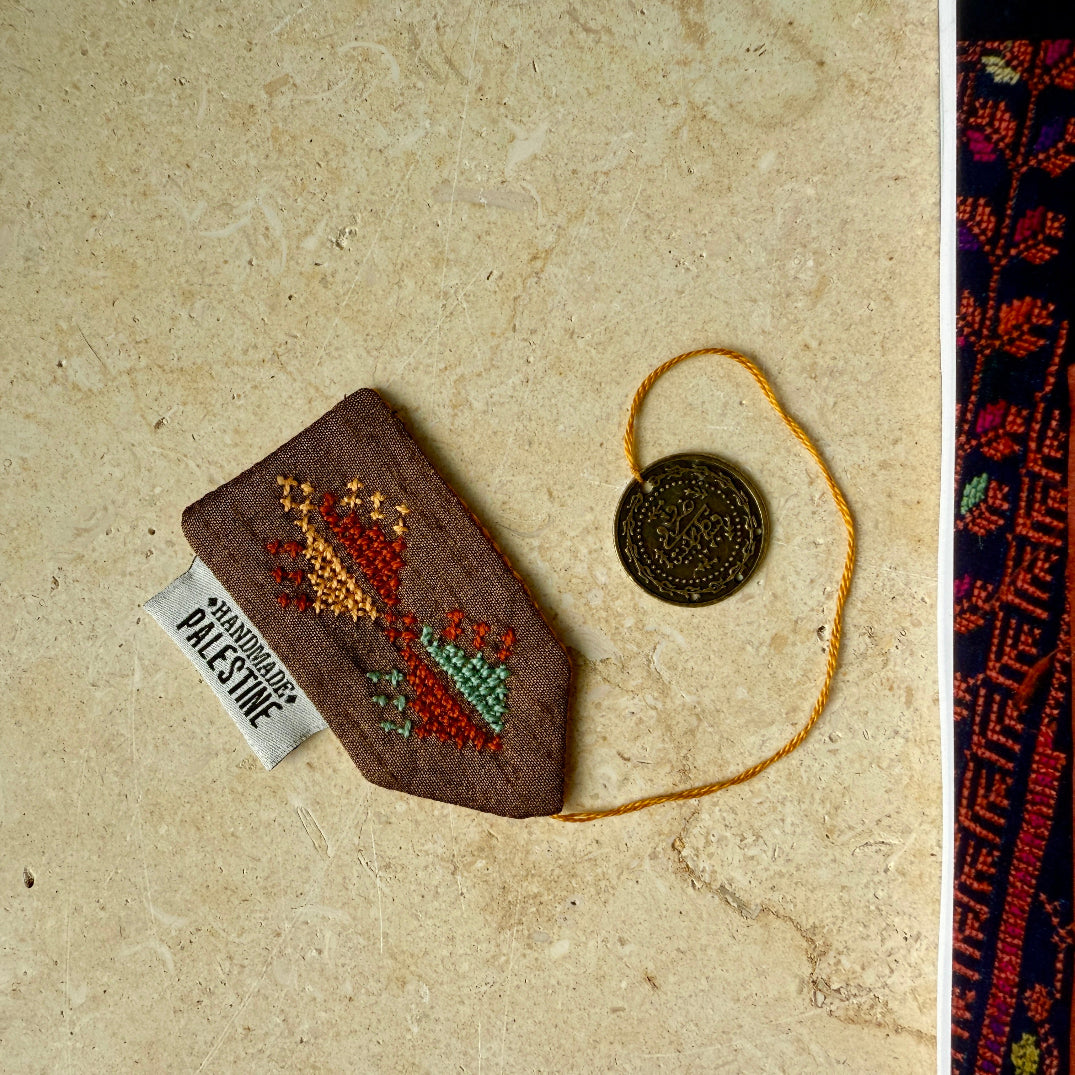 Gaza Tatreez Stitch on Bronze Bookmark with Dangling Coin