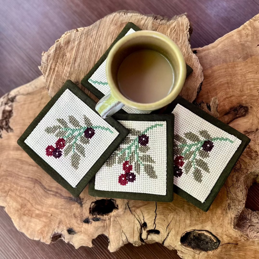 Embroidered Coasters - Palestinian Tatreez Olive Leaf - Set of 4 from Palestine