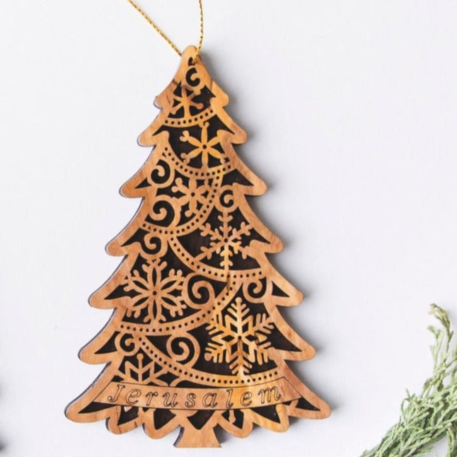 Decorated Christmas Tree Carved in Bethlehem - Wood Ornament