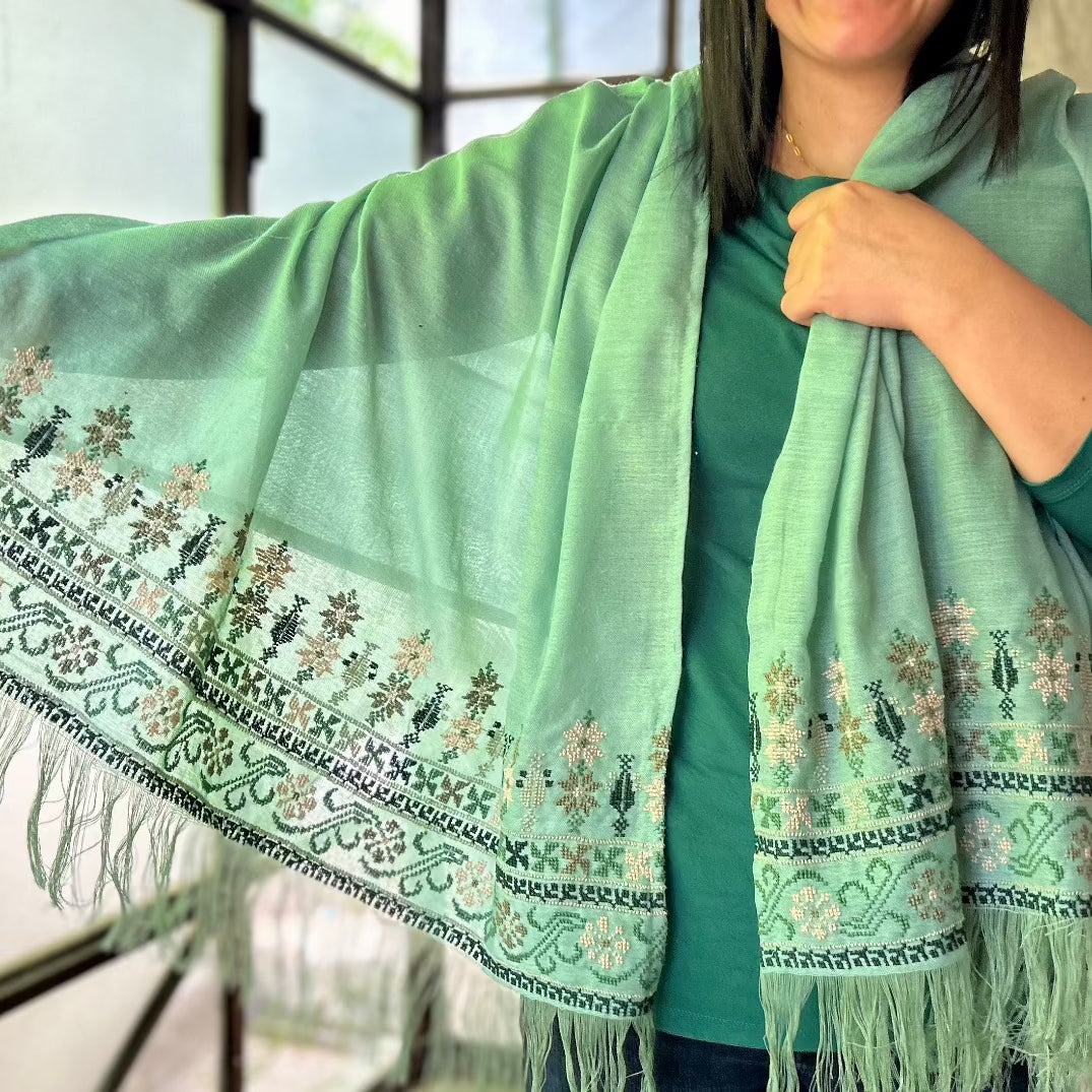 Traditional Palestinian Tatreez Shawl | Hand Embroidered in Palestine | Mint with Shades of Green