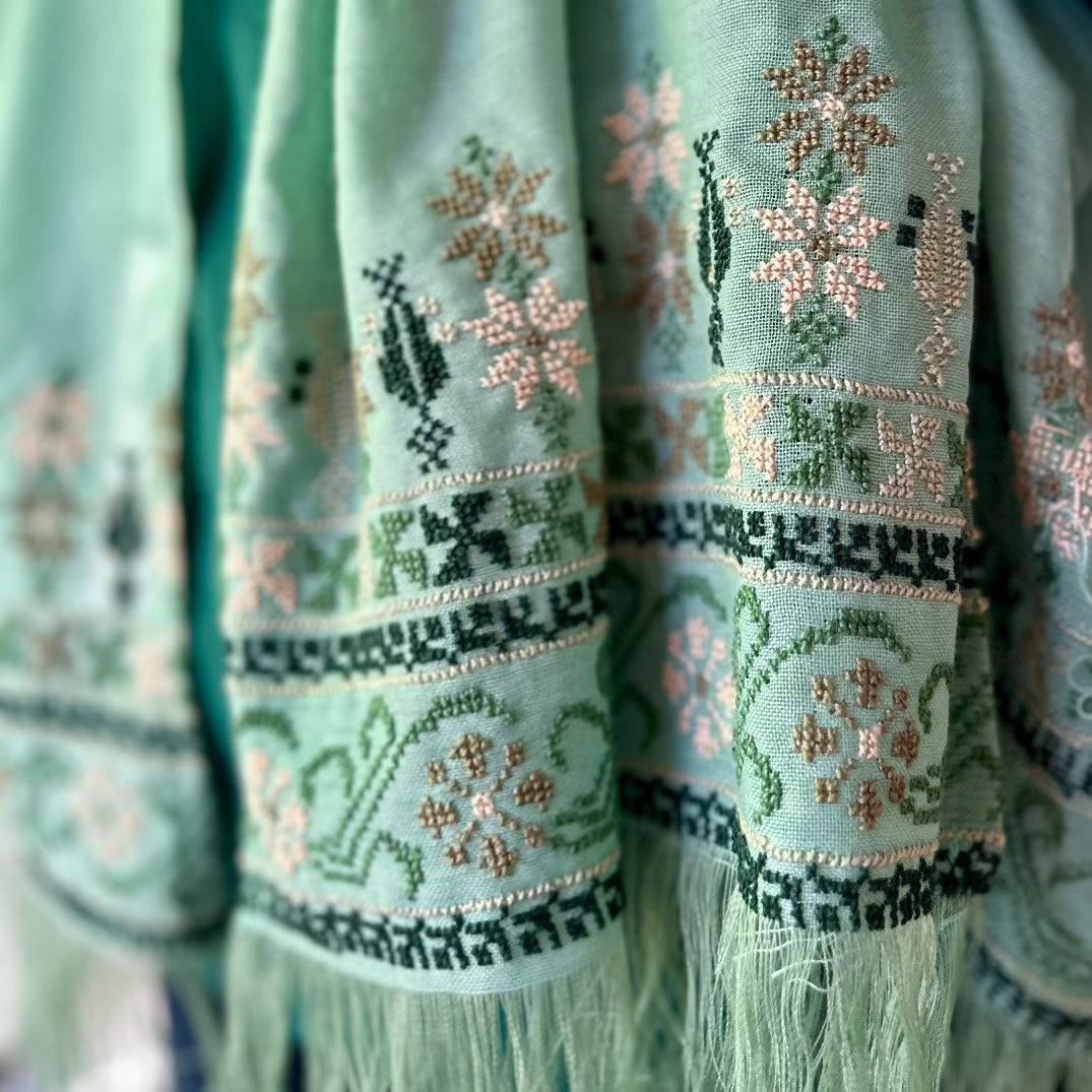 Traditional Palestinian Tatreez Shawl | Hand Embroidered in Palestine | Mint with Shades of Green